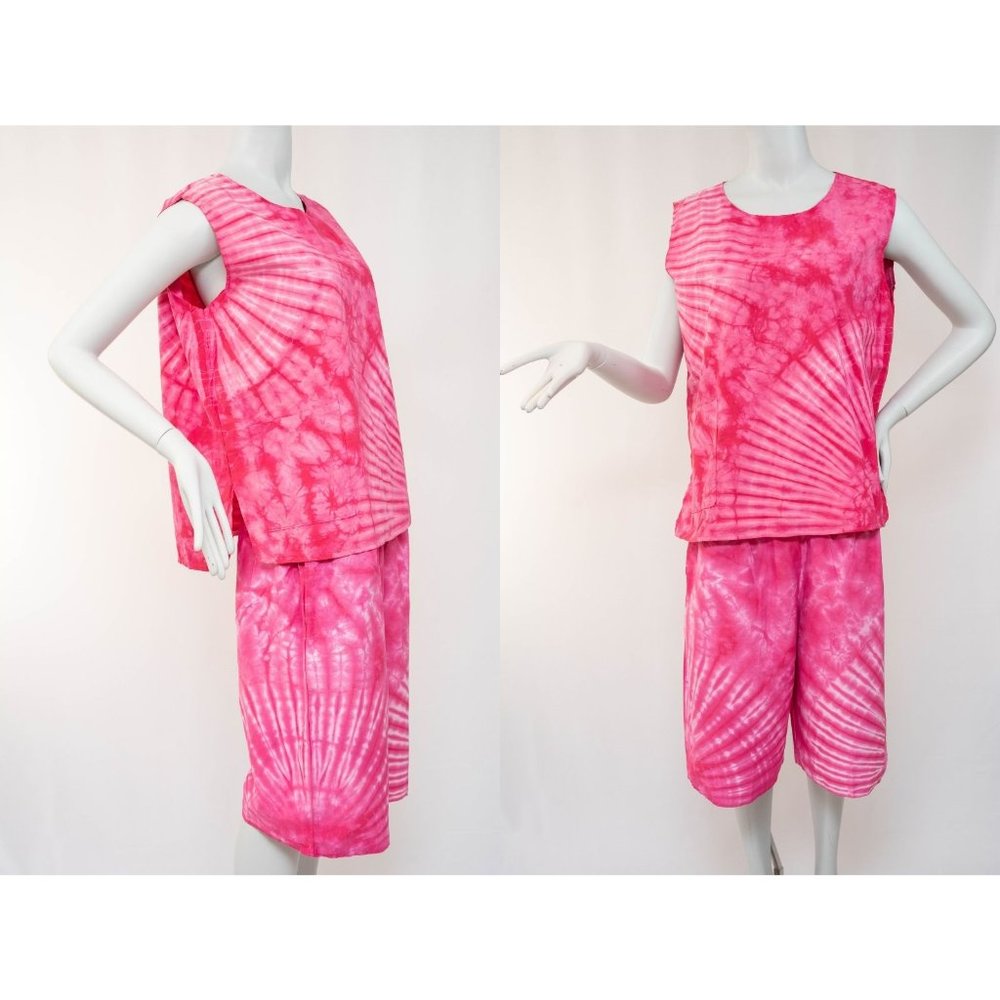Women's Two Piece Pink Tie Dye Sleeveless Top and Shorts Boho Chic Beach Wear